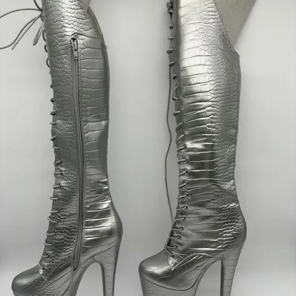Hella Heels Reptile Silver Boots - Picture 1 of 3